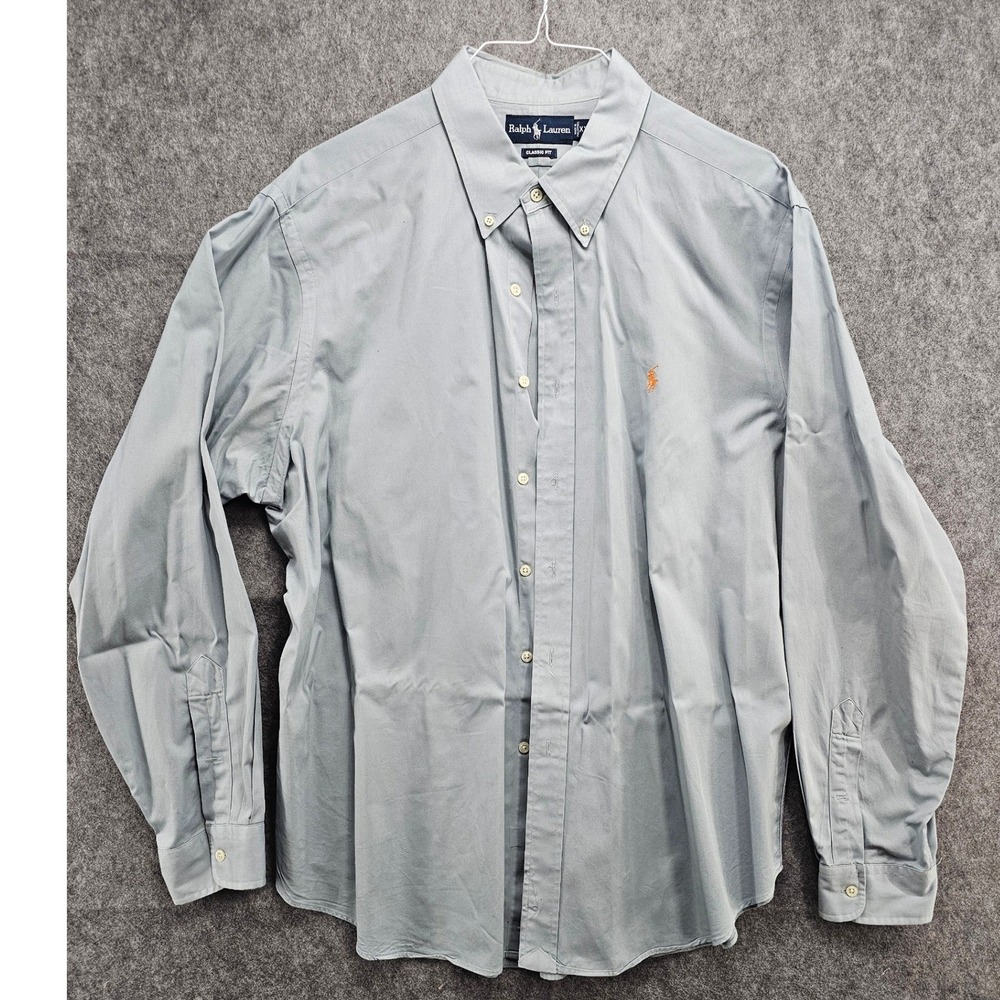 Ralph Lauren Mens XXL Grey Classic Fit Button Down Shirt Orange Pony Logo